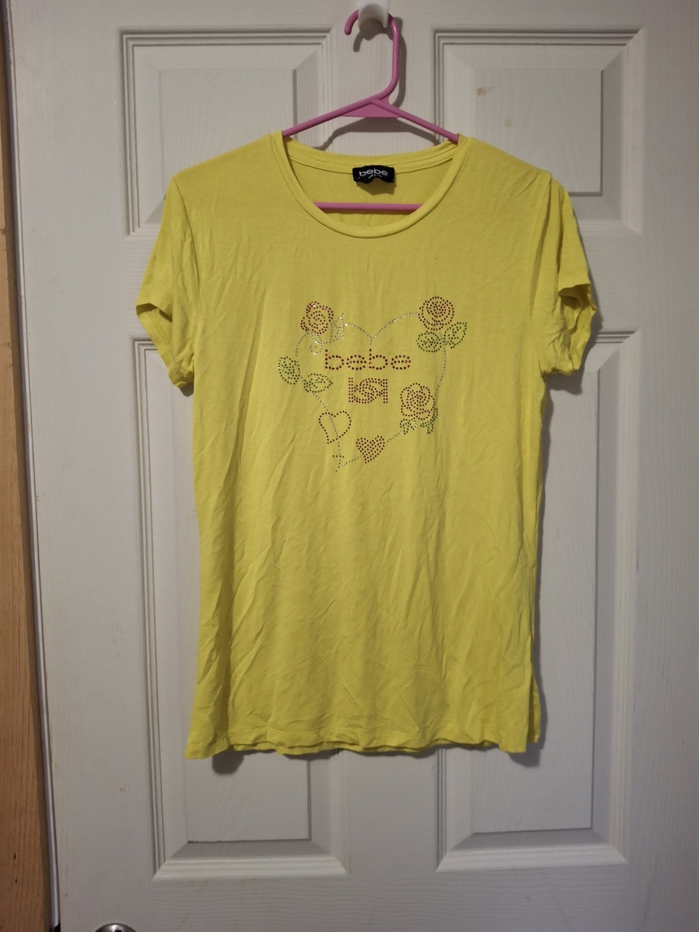 bebe Yellow Rhinestone Floral Heart Tee - Short Sleeve